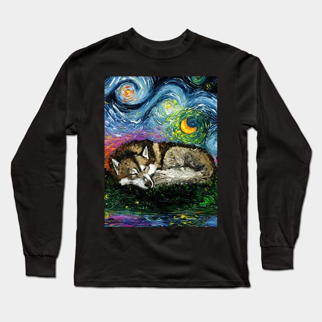 Sleepy Brown Husky Night Long Sleeve T-Shirt by sagittariusgallery